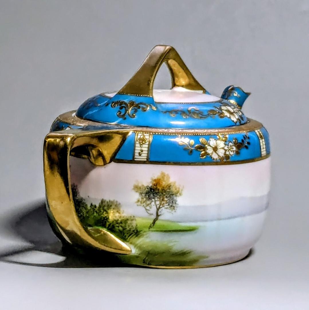 オールドノリタケ ポット ターコイズ 湖畔風景白鳥図 金彩金盛上 有名