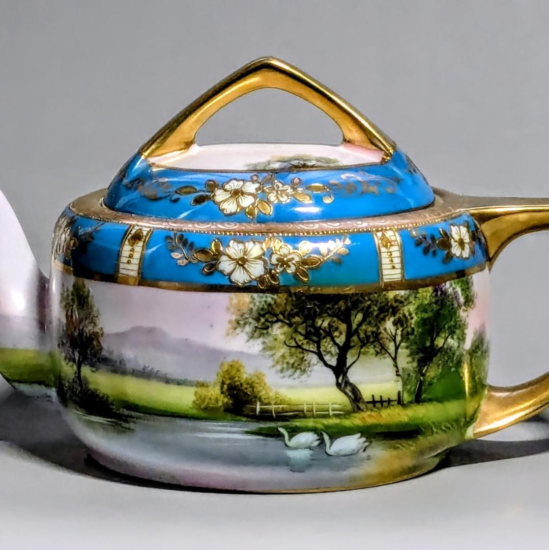 オールドノリタケ ポット ターコイズ 湖畔風景白鳥図 金彩金盛上 有名