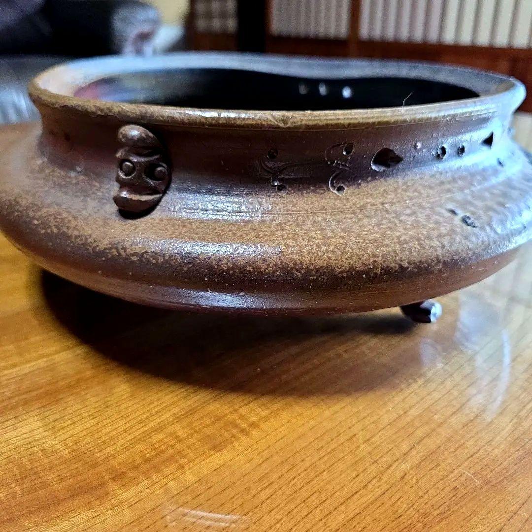 備前焼 藤原陶臣作 三点猫足/三つ足付 水盤 花器 花生 美術品