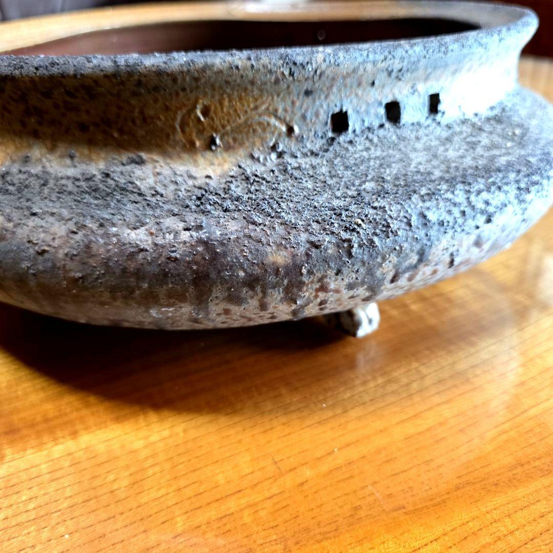 備前焼 藤原陶臣作 三点猫足/三つ足付 水盤 花器 花生 美術品