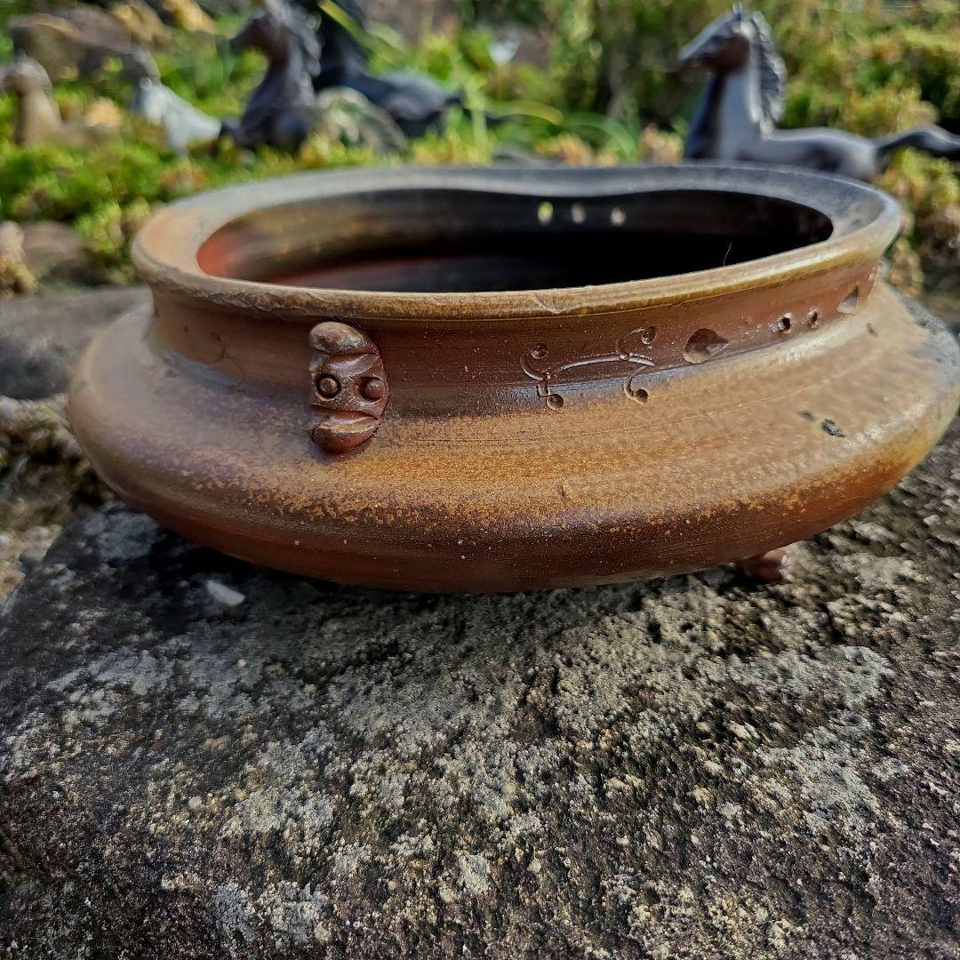 備前焼 藤原陶臣作 三点猫足/三つ足付 水盤 花器 花生 美術品