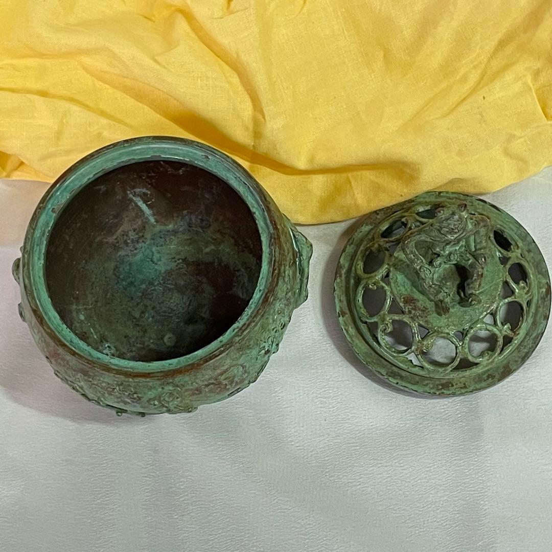 高岡銅器 須賀七郎作 月芳 蝋型鋳銅 香炉 唐子蓋梅文 共箱 証書 栞