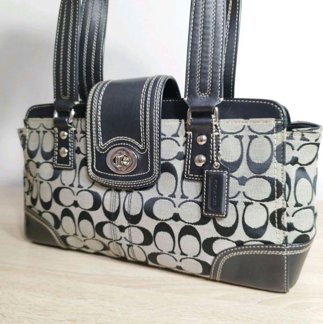 COACH コーチ シグネチャー ハンドバッグ キャンバス レザー ブラック