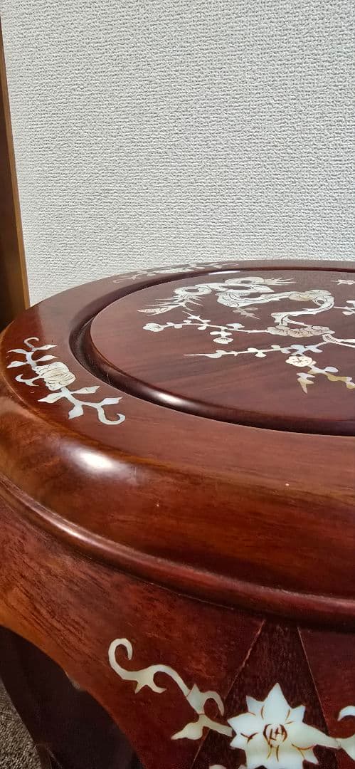 【美品】花梨 無垢 螺鈿細工スツール/椅子 飾り台/花台　太鼓型椅子