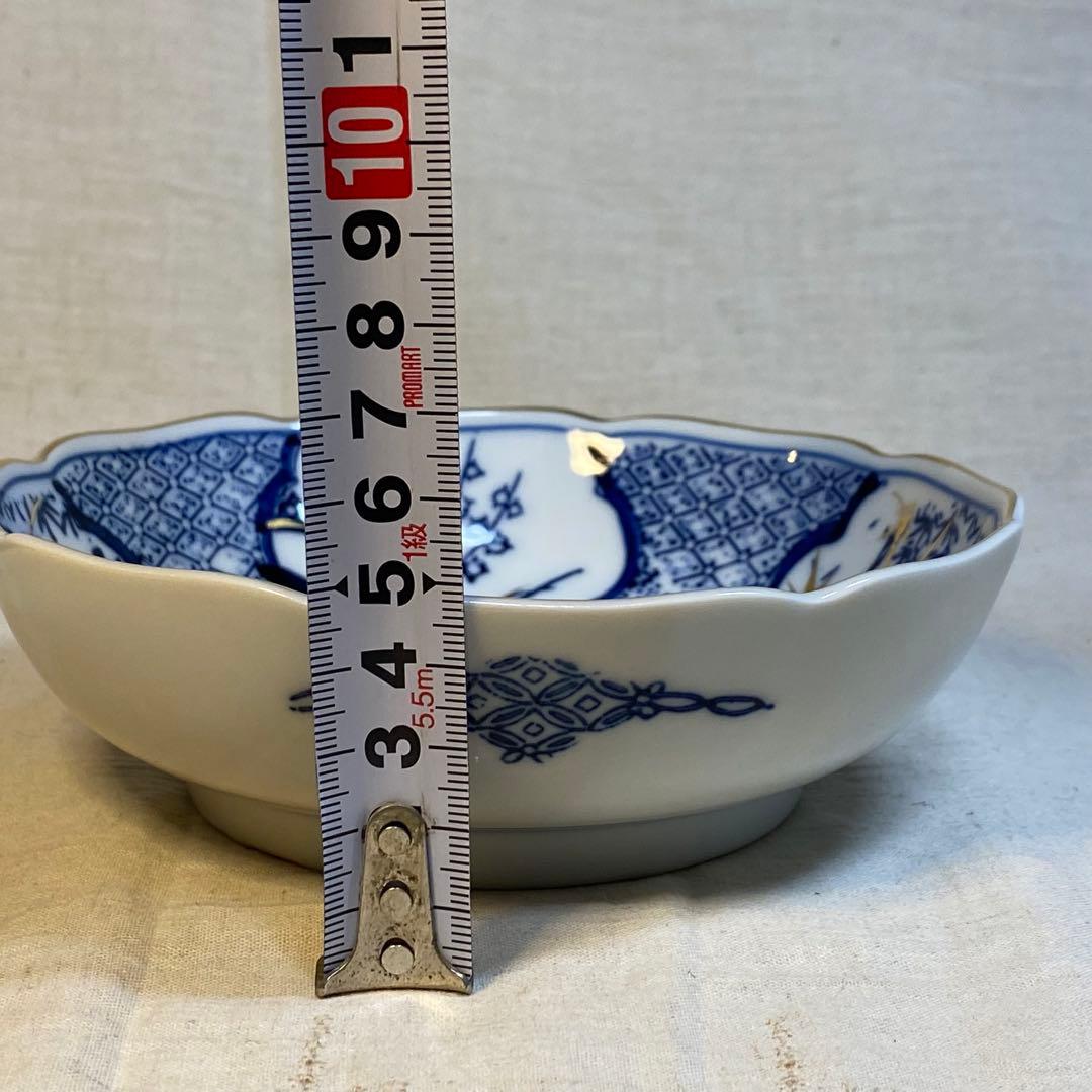 九谷焼　なます皿　染付　松竹梅文　金彩　3客