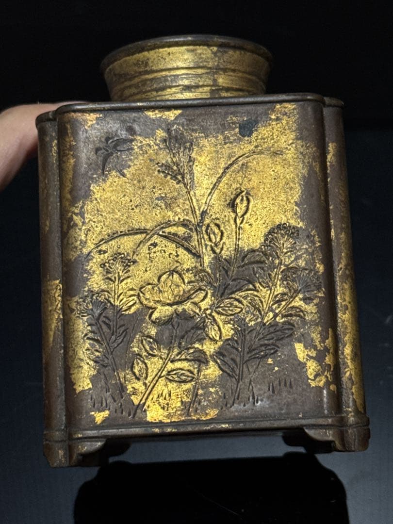 極上 平安 金星堂 造 古銅製 鍍金草華紋 四方型 茶壷 茶入