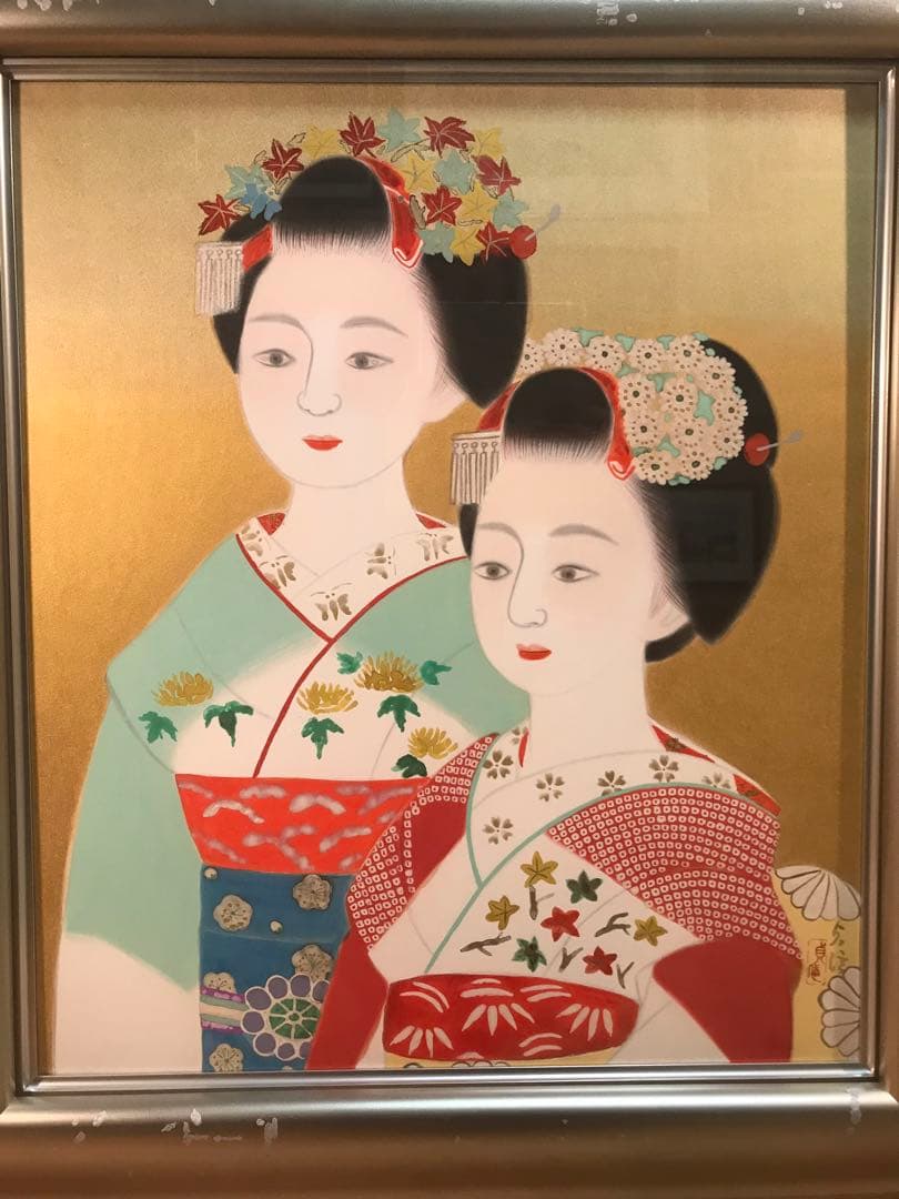 山平貞信　「舞妓」　日本画Ｆ１０号　直筆サイン・落款・共シール有り　①