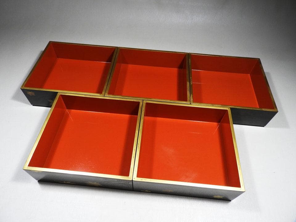 ○五段重 重箱 流水紅葉楓蒔絵 時代 木製漆器 美品 明治 箱