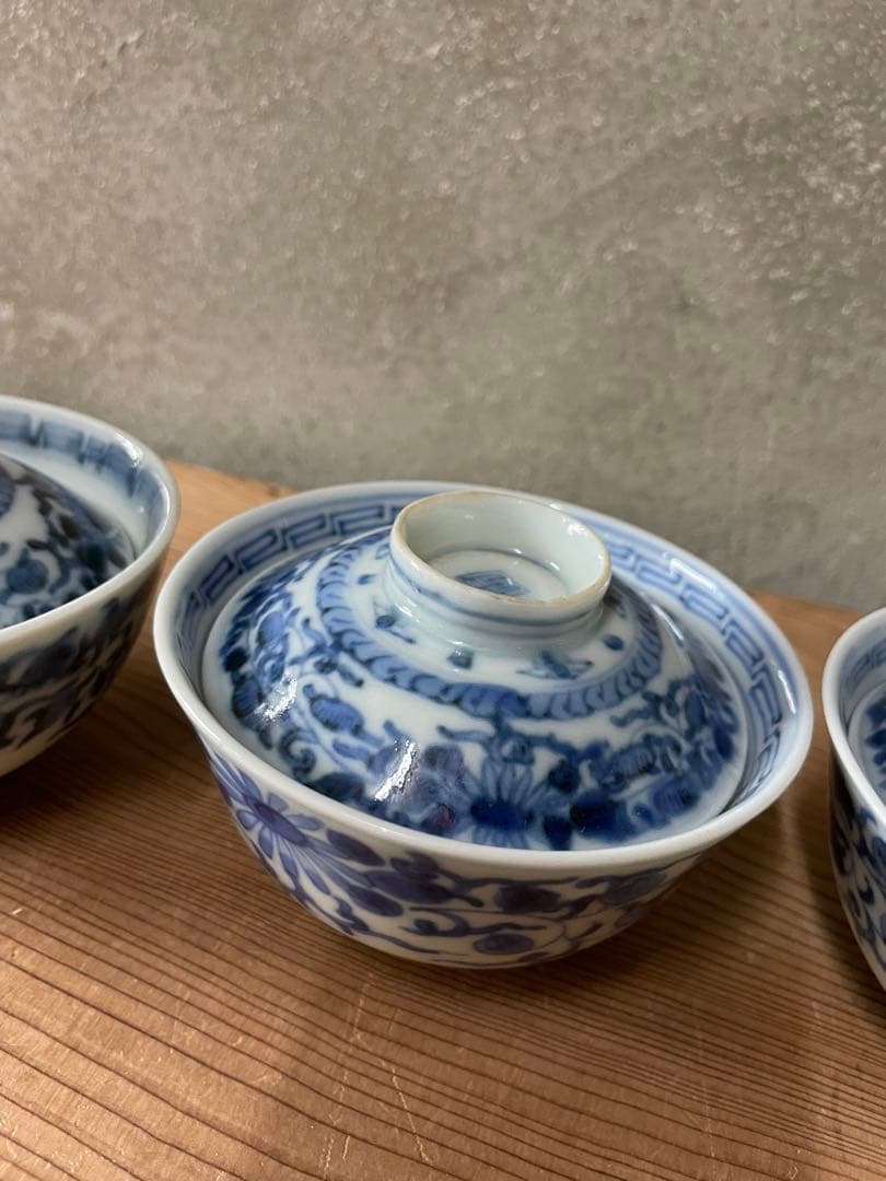 茶碗3客セット【m735 骨董或化年製 染付 磁器 古美術 レア成化年製】