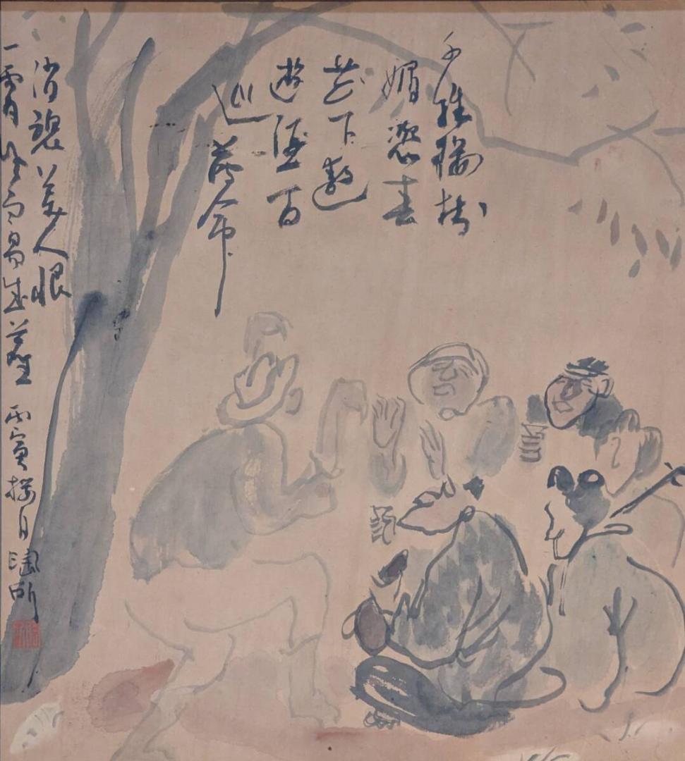 【真作】絵画　日本画（色紙）　酒席の賑わい　文人墨彩画　漢詩と人物群像　Y74