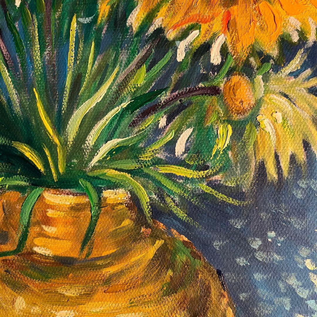 ★秀作★ 手書き油絵 ゴッホ 銅の花瓶のアミガサユリ 額付 肉筆絵画 油彩画