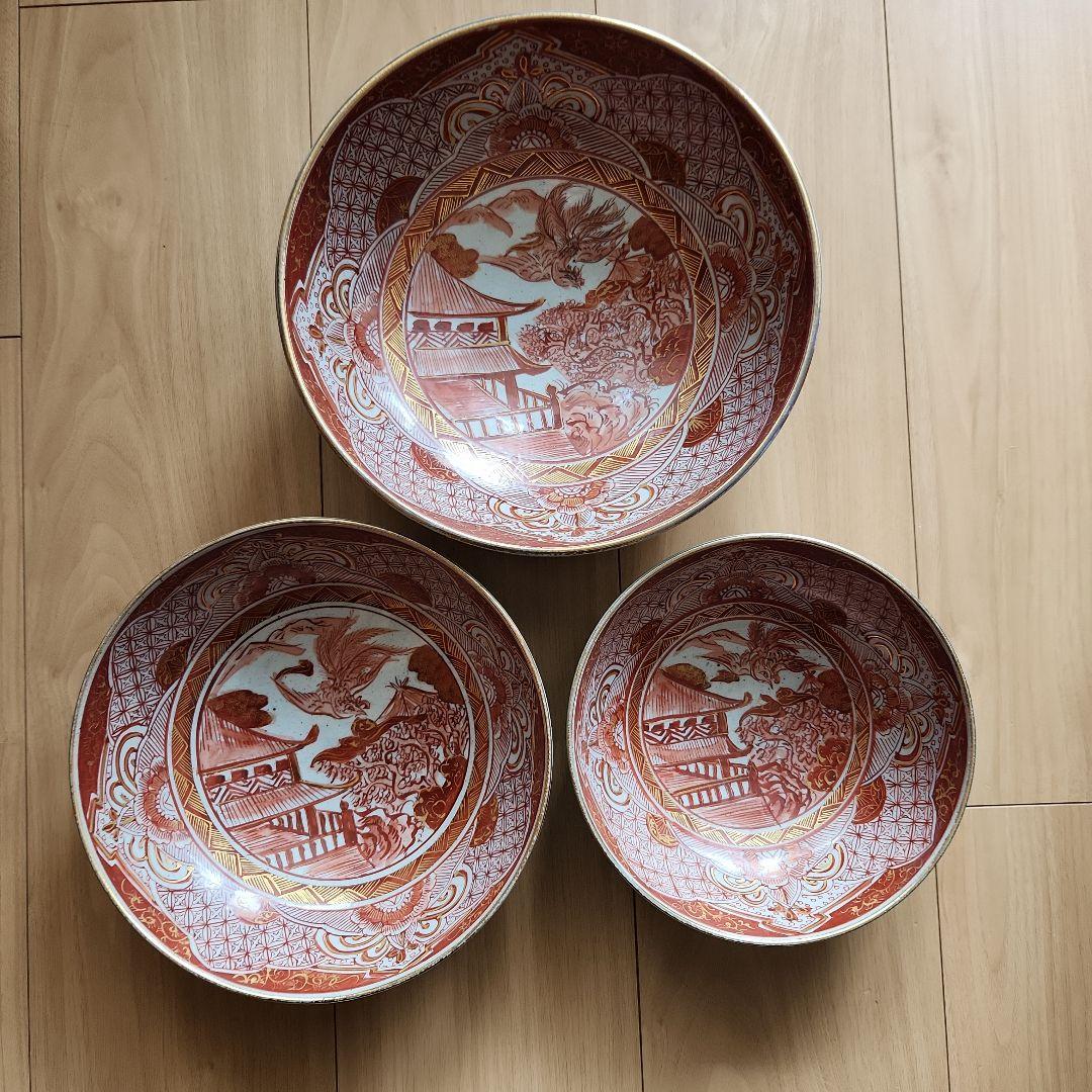 九谷金彩赤絵鳳凰楼閣文様三重鉢 - メルカリ