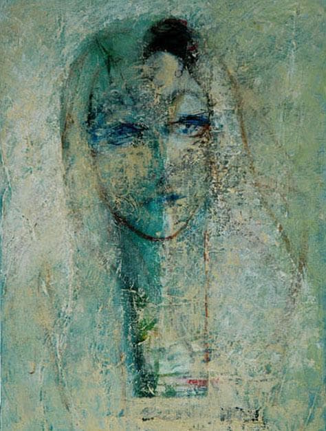 油絵 菅家令子 絵 絵画インテリア額付(青緑＋金色の枠)F4-070112