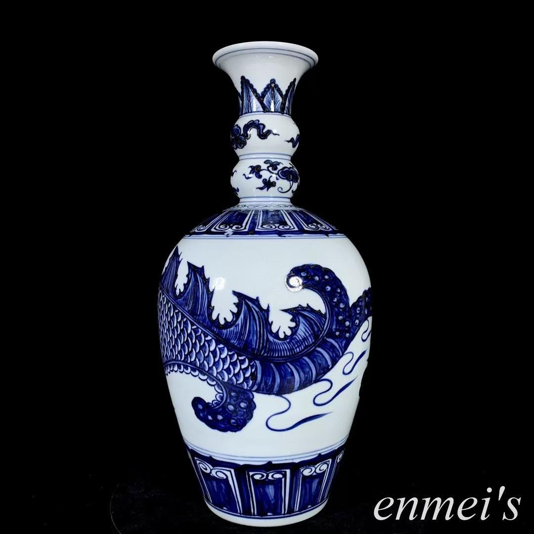 中国古美術・明永楽款青花龍紋瓶・青花磁・純手描き・陶芸・花瓶・