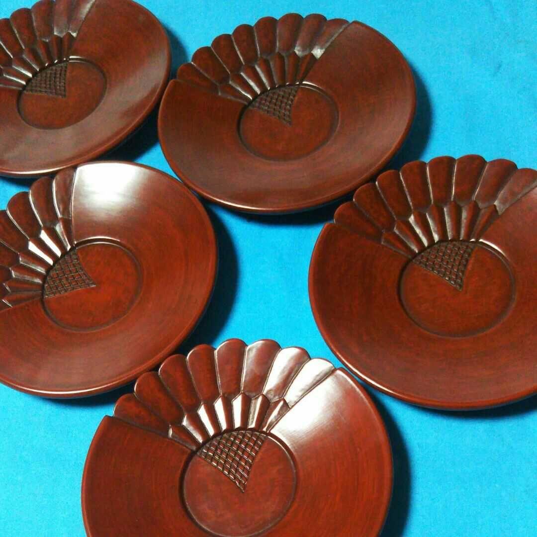 レア物、漆塗り鎌倉彫のモダン茶托５客 レア物、漆塗り鎌倉彫のモダン茶托5客 レア物、漆塗り鎌倉彫のモダン