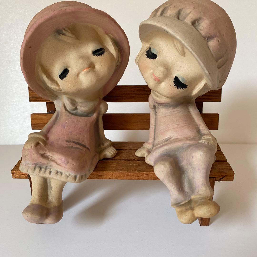 陶器の人形 セトクラフト 昭和レトロ 木製ベンチ付き - メルカリ