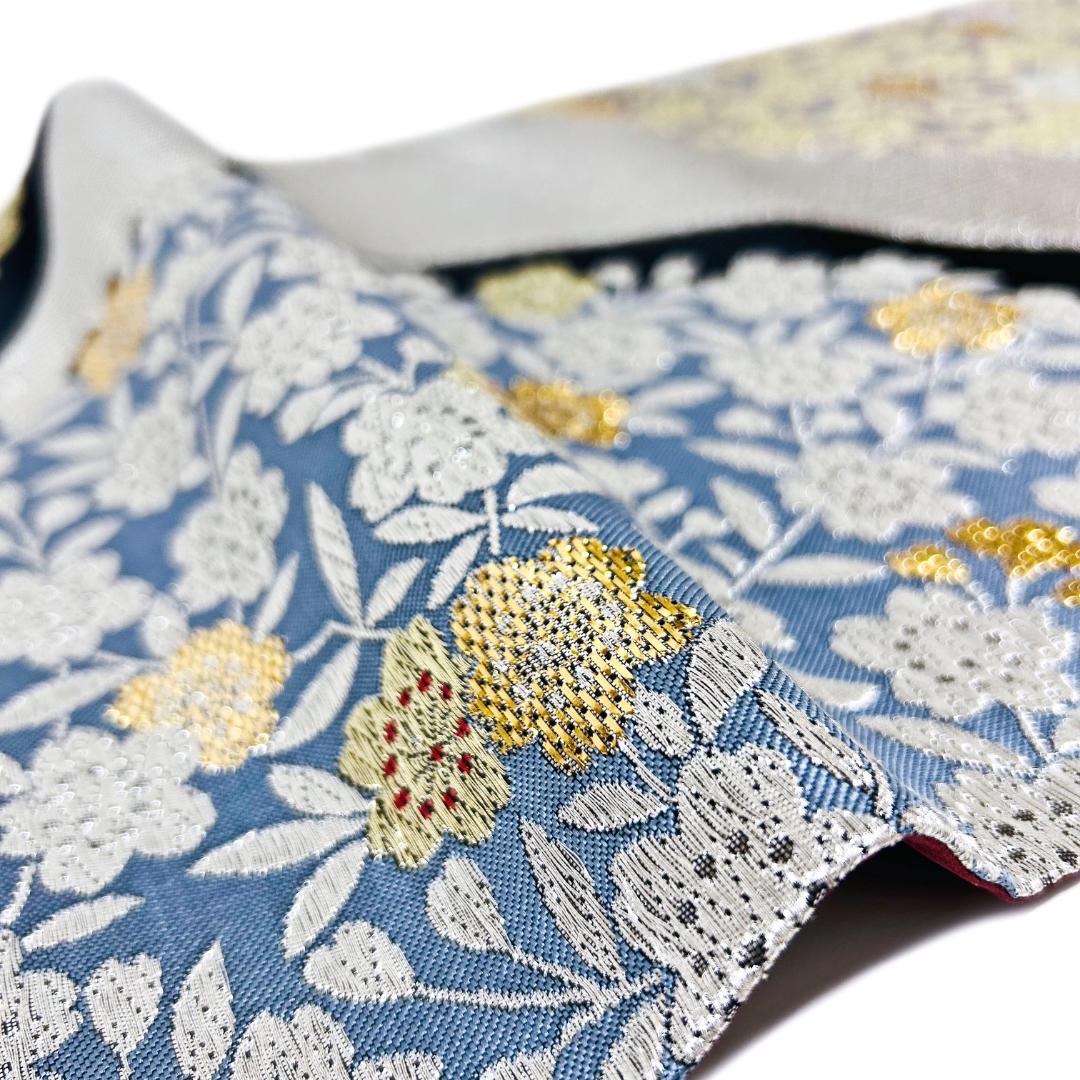 袋帯 正絹 金銀箔糸 桜 美デザイン 六通柄 シルバー ブルーグレー MWR