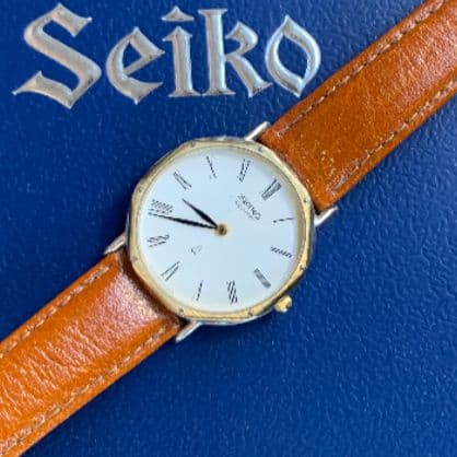 極薄美品スイスセイコークォーツメンズ　★極希少スイスセイコーレザーベルト交換済み