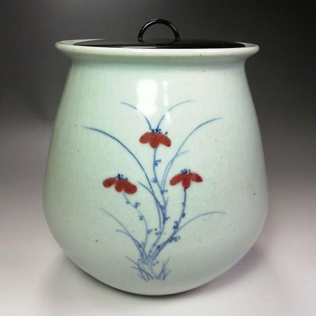 Ｓ３７３　水指　『廣州窯』『花草紋』『塗蓋』　共箱　茶道具