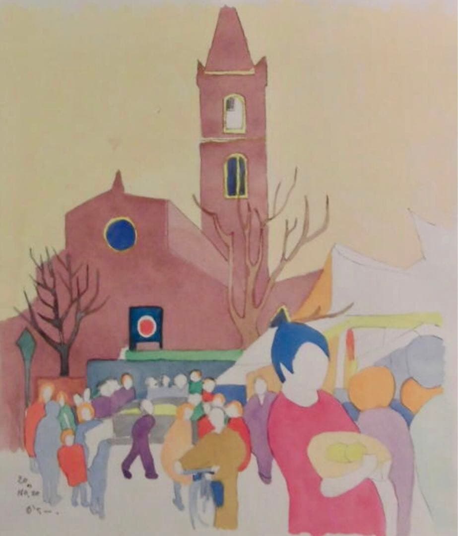 市川加久一「教会の街」水彩 渡欧 旺玄会 画集刊行作家 大型額装