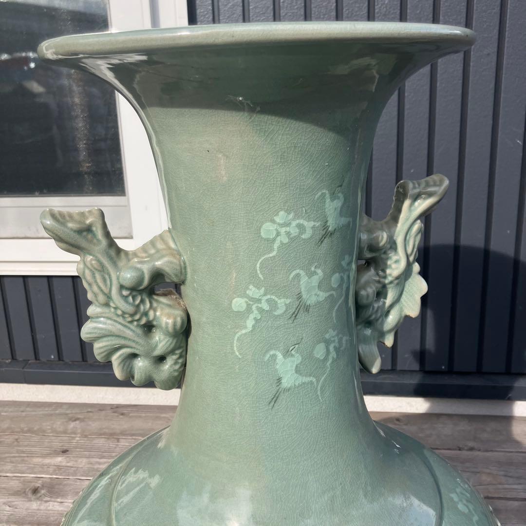 青山作 特大壺 高麗青磁 透かし 雲鶴紋 二層網目 花瓶 網目彫 緑色 双