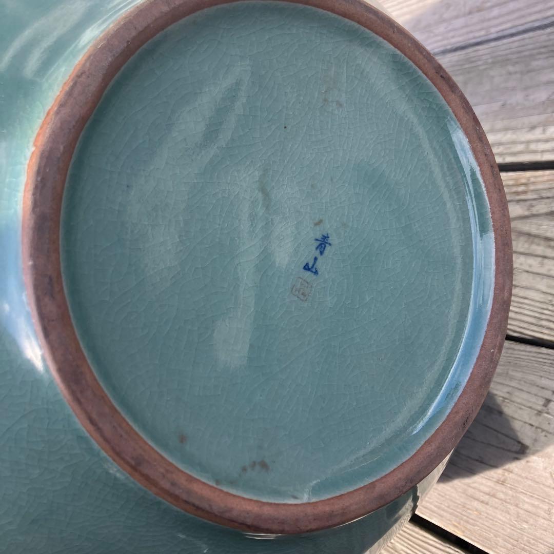 青山作 特大壺 高麗青磁 透かし 雲鶴紋 二層網目 花瓶 網目彫 緑色 双