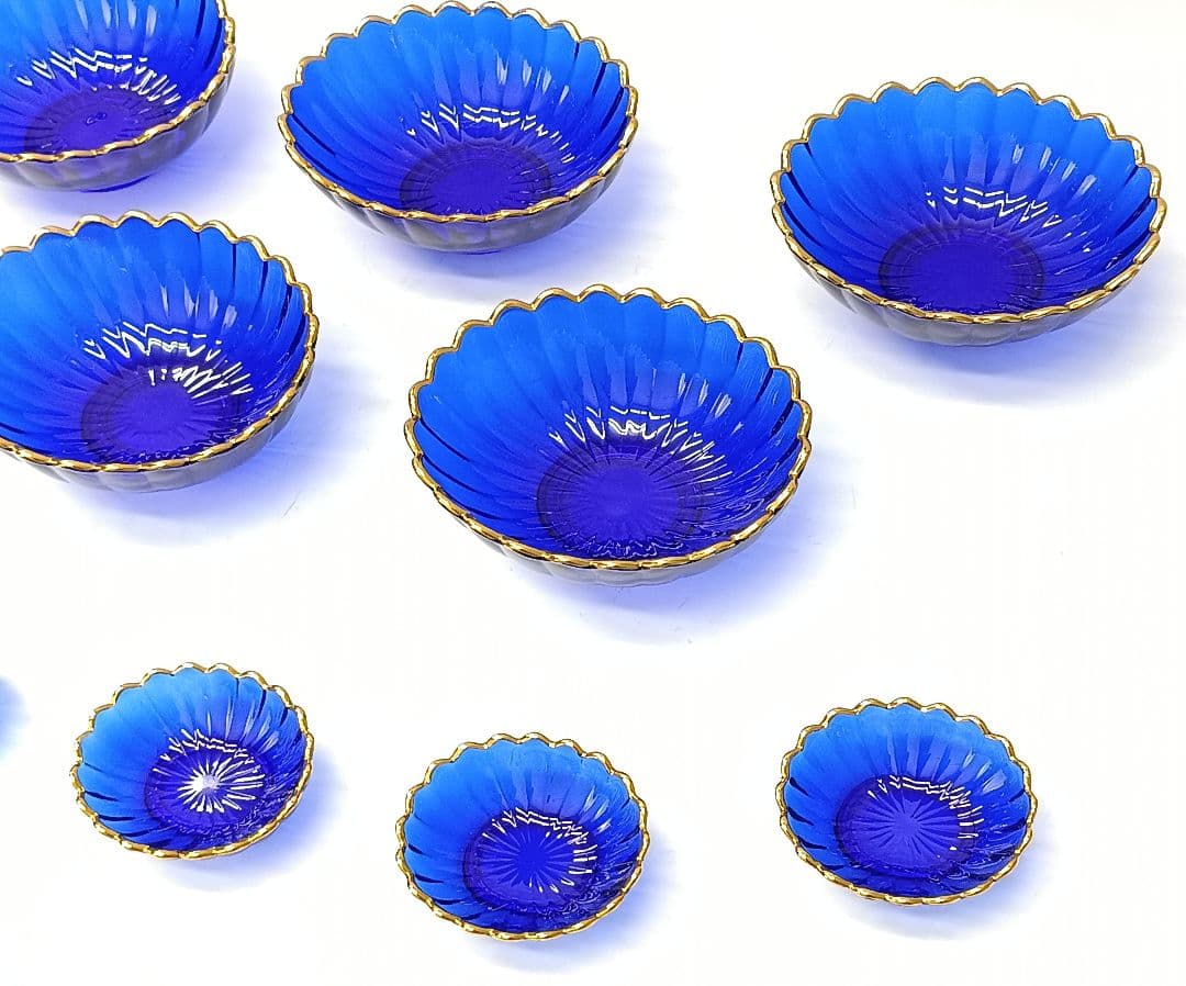 保管品】天金 菊小判 のぞき 洗鉢 ルリ 瑠璃ガラス 各5客 箱