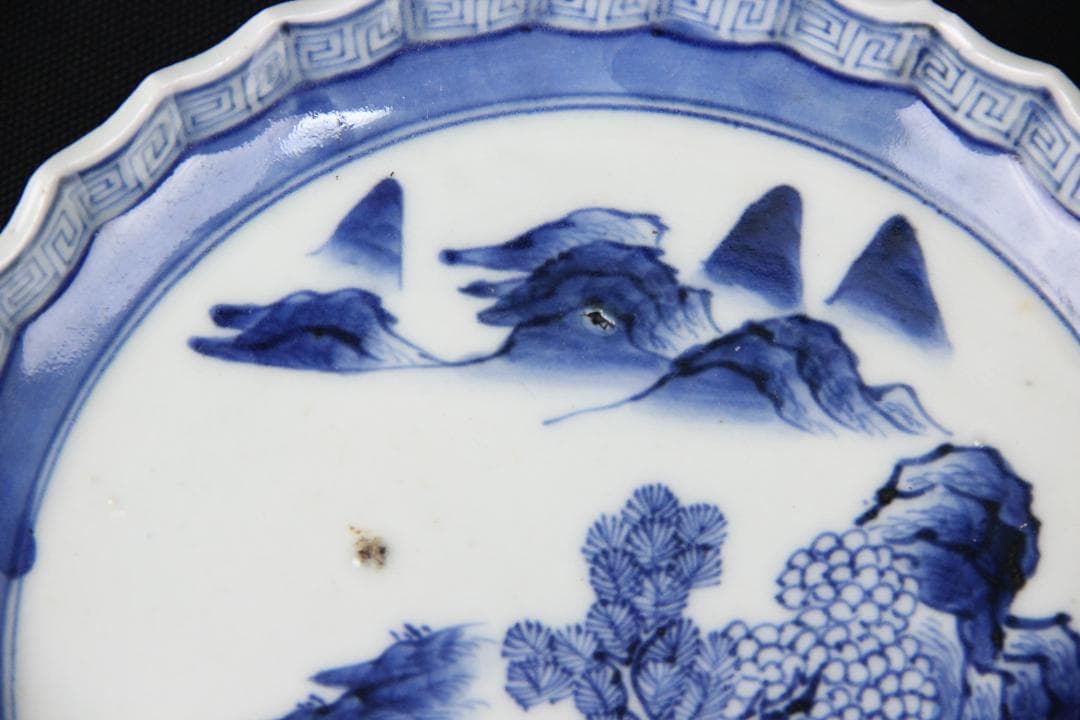 古伊万里 染付 山水 五枚 菓子皿 風景絵 江戸明治期 補修済み