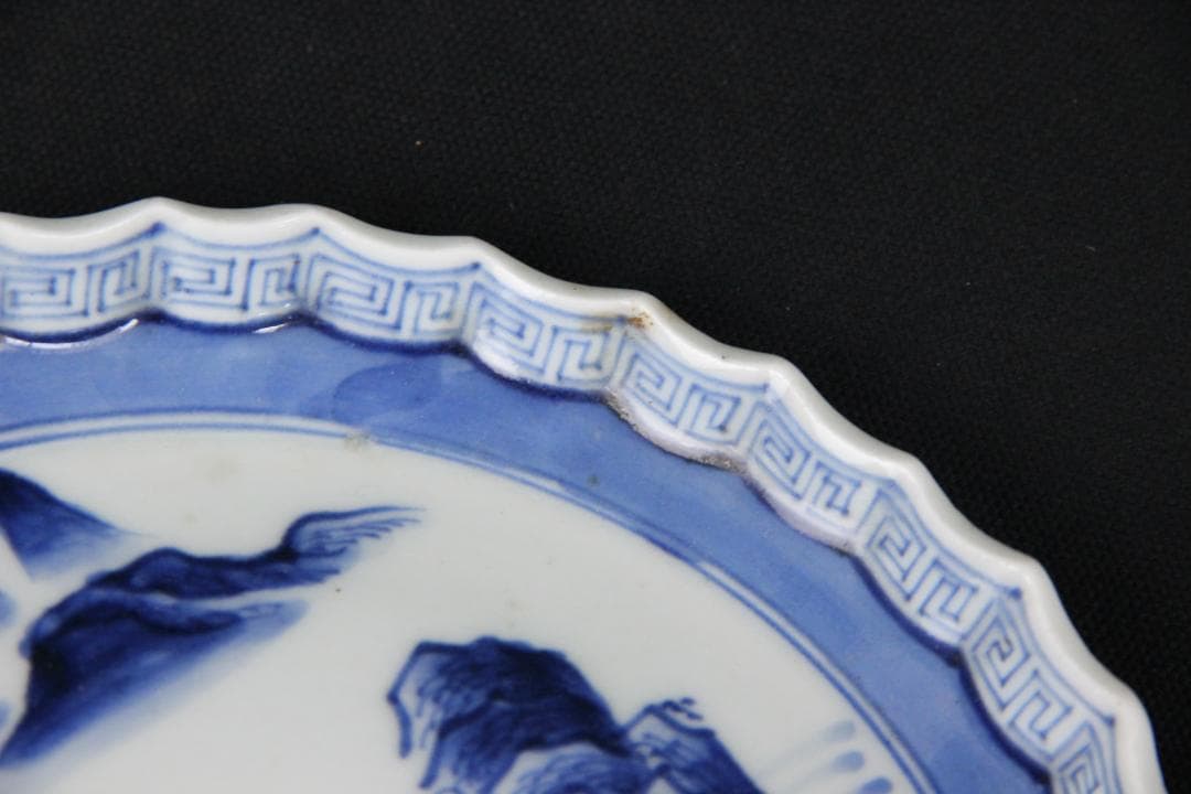 古伊万里 染付 山水 五枚 菓子皿 風景絵 江戸明治期 補修済み