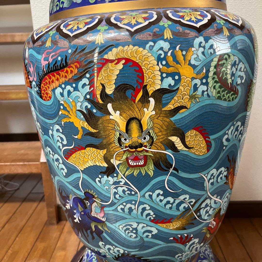 青色波模様ドラゴン陶器フラワーベース