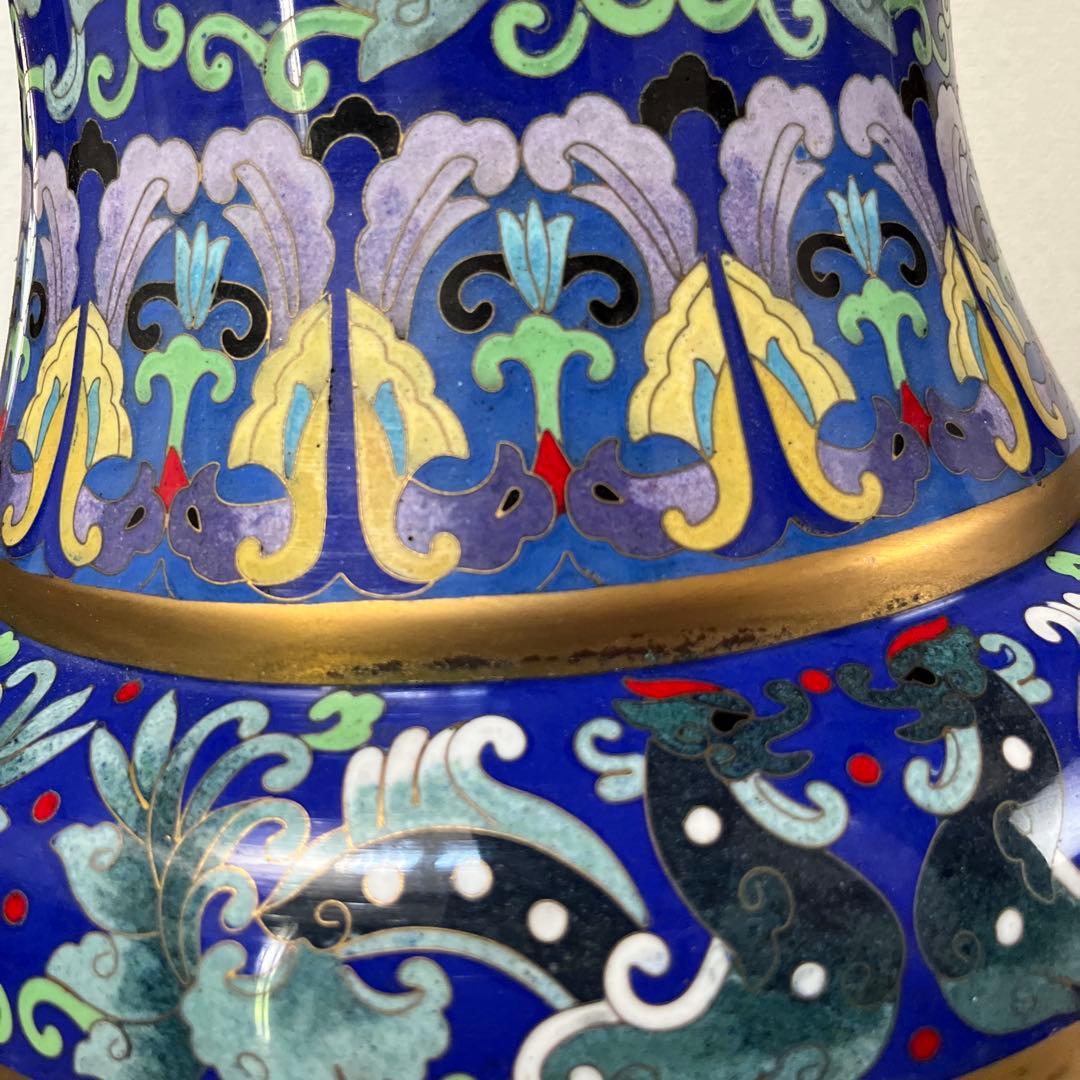 青色波模様ドラゴン陶器フラワーベース