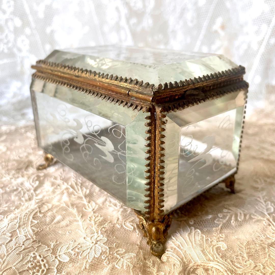 ローズ柄ベベルガラスジュエリーボックス アクセサリーケース フランス