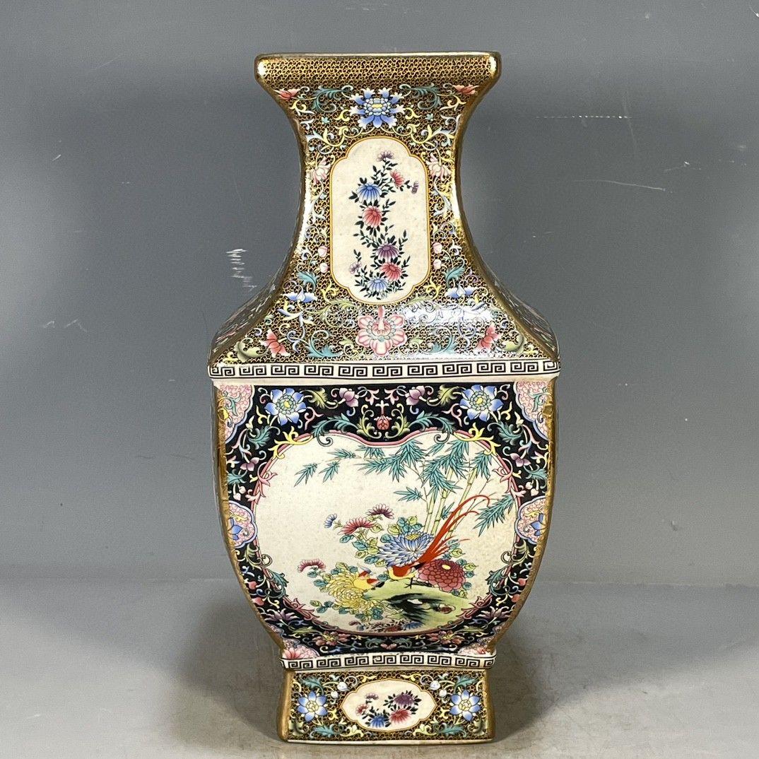 清乾隆琺瑯彩花鳥図紋四方賞瓶 景徳鎮 陶磁器 装飾品