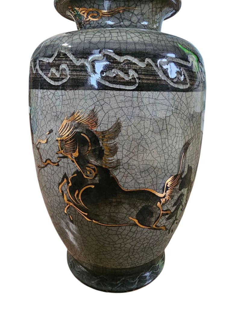 相馬焼 花瓶 花器 壺 陶芸 金彩 馬 双馬 高さ約28.5cm 骨董