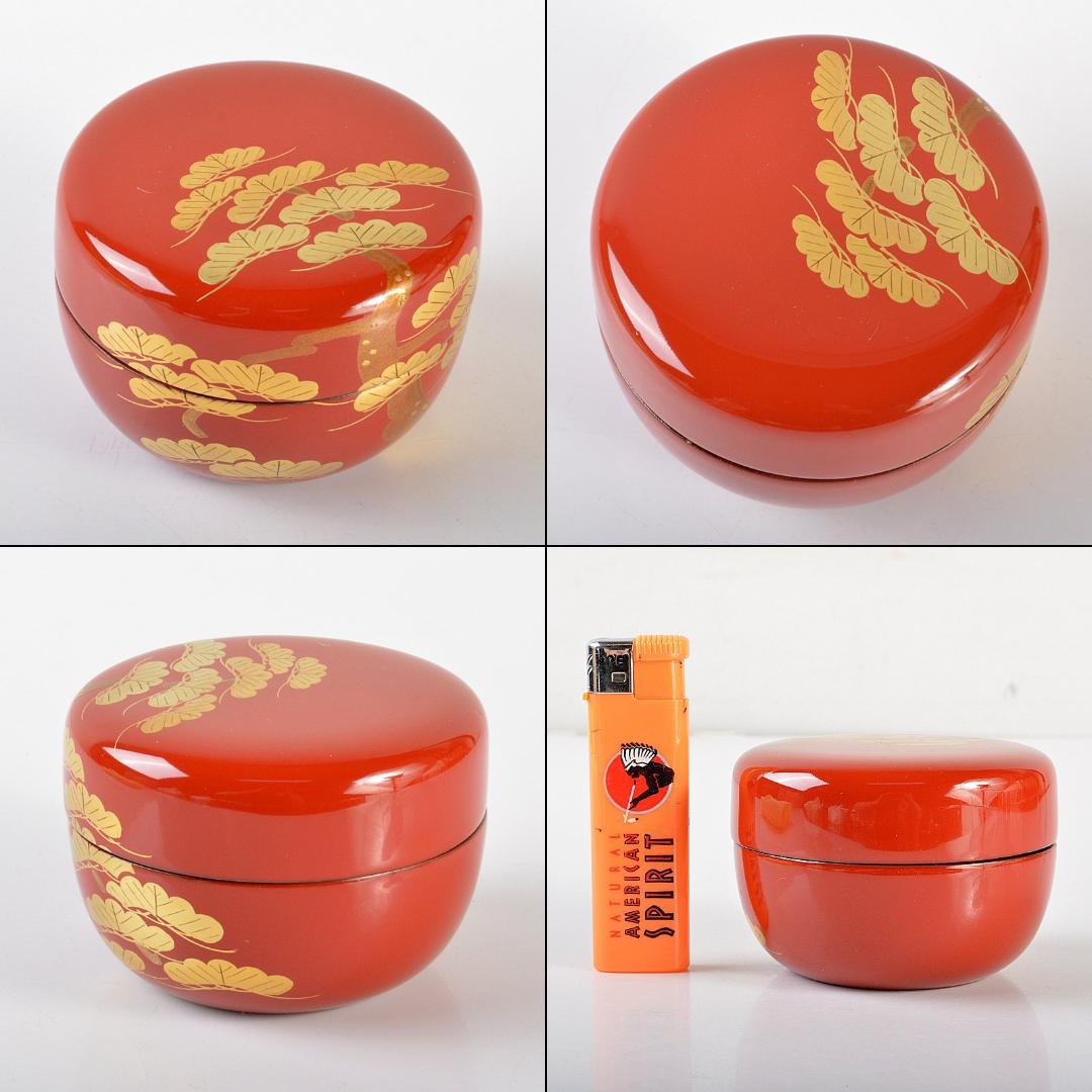 茶道具 越前塗 宮田宗景作 朱塗 松蒔絵 棗 共箱 V 5753