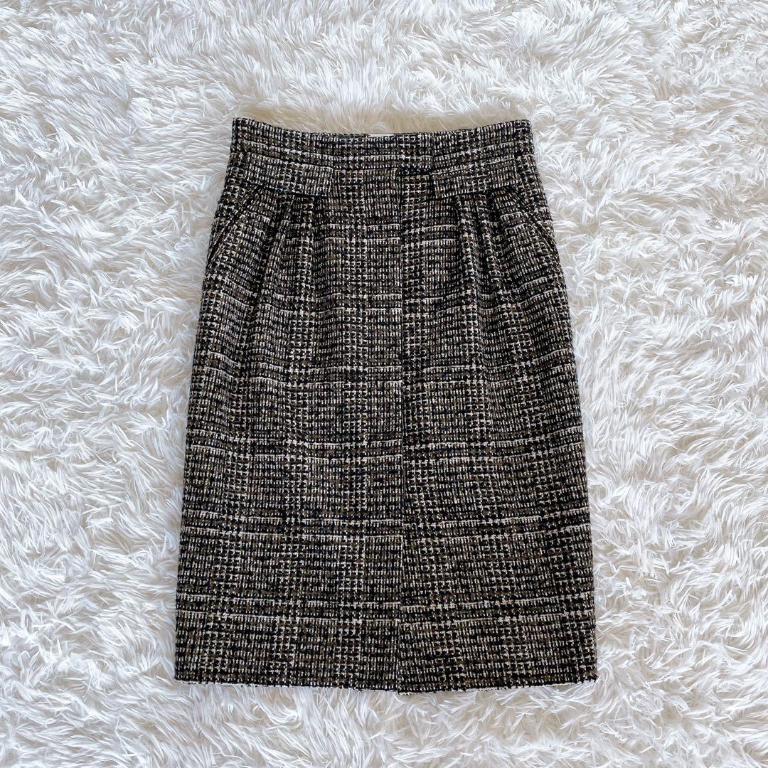 希少✨美品【エルメス】カシミヤウールツイードラップスカート シルク ブラウン34