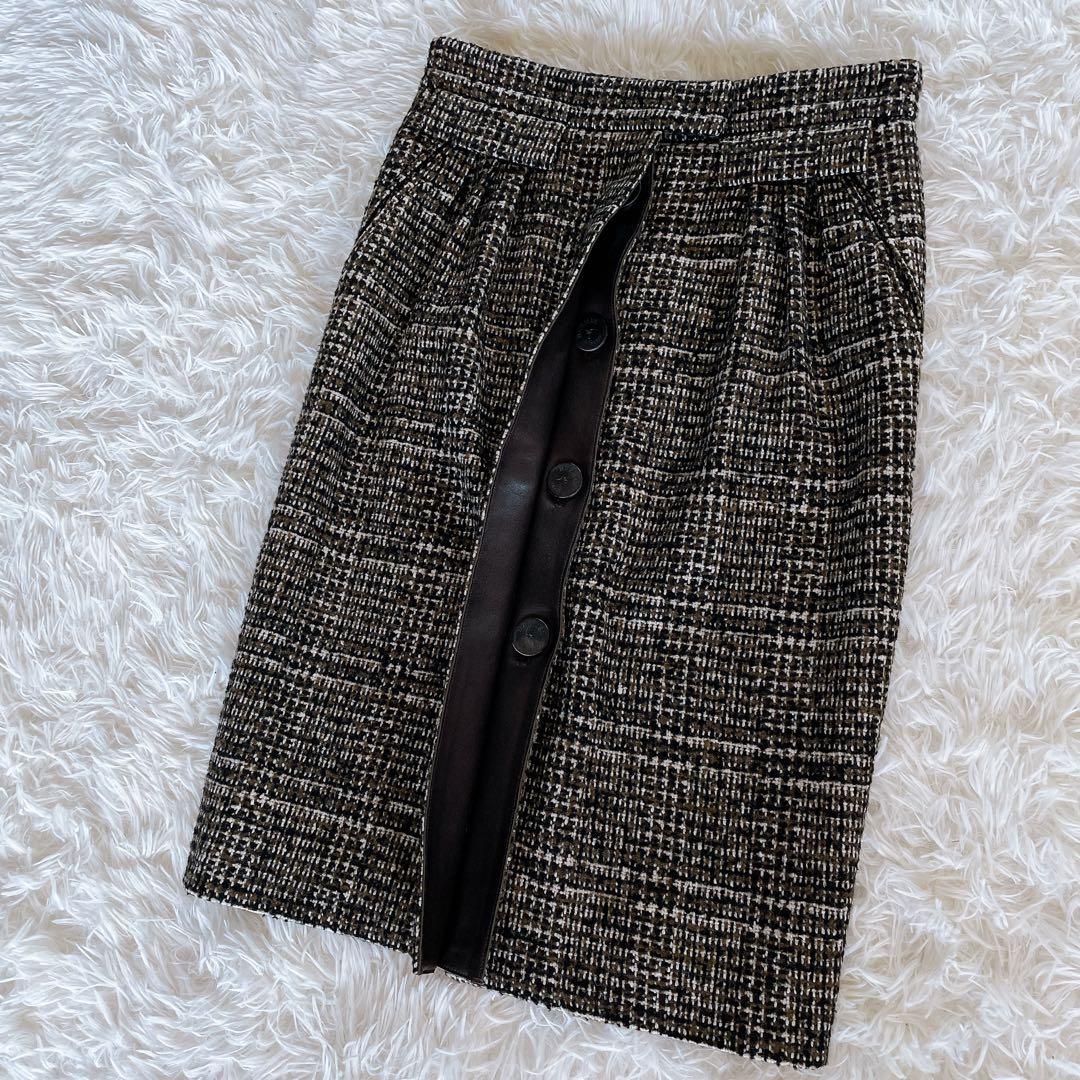 希少✨美品【エルメス】カシミヤウールツイードラップスカート シルク ブラウン34