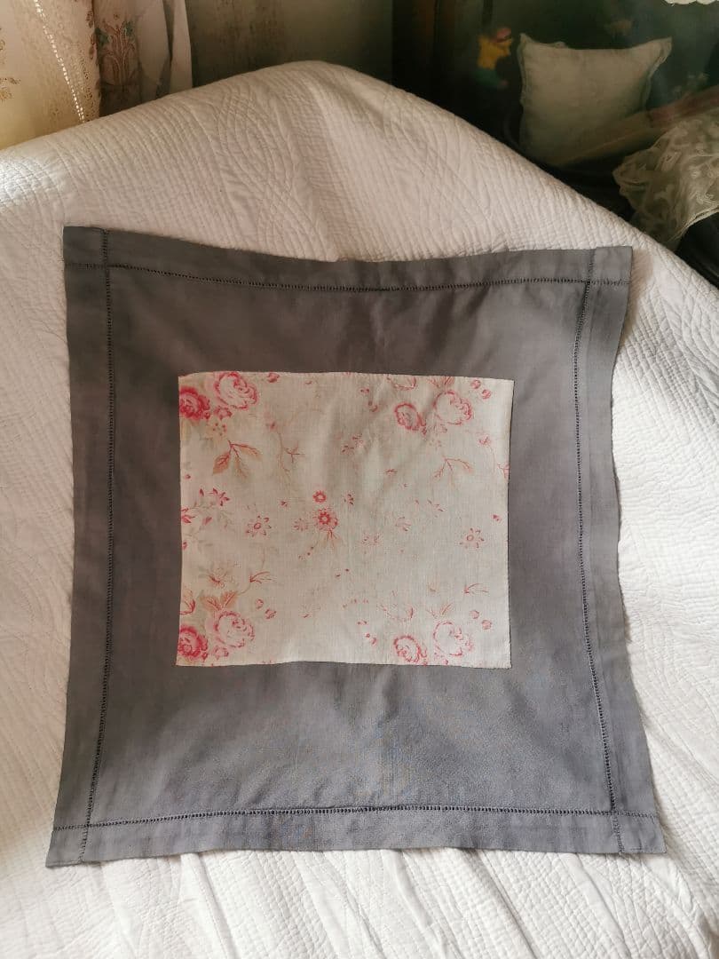 アンティーク フレンチ花柄薔薇ファブリックリネン ヘム刺繍グレー