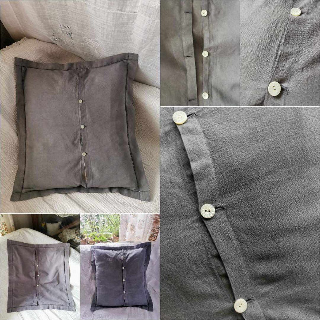 アンティーク フレンチ花柄薔薇ファブリックリネン ヘム刺繍グレー