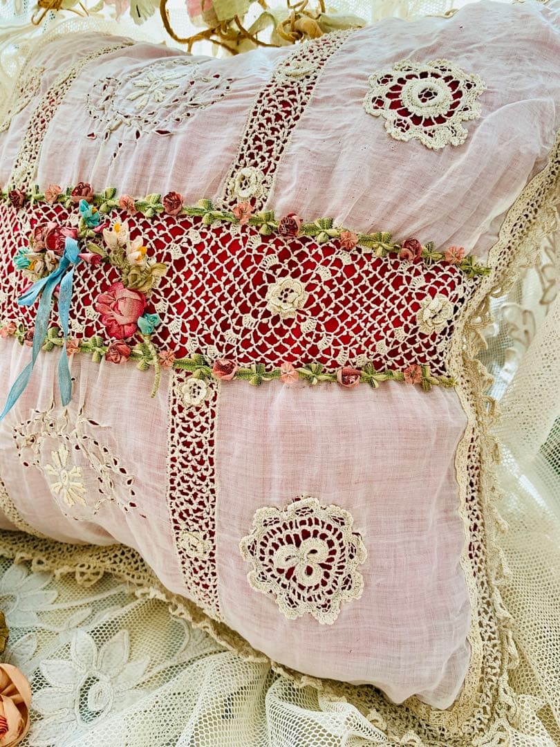 フランスアンティークコットンカバーxシルククッションロココリボン