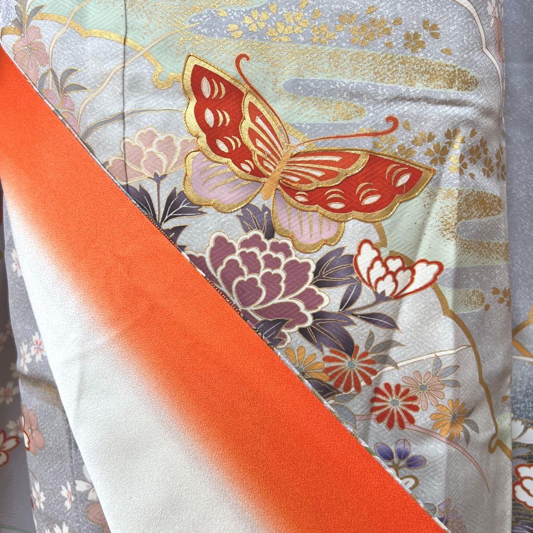 375 振袖フルセット 正絹 ブルーグレー 灰青 金彩 駒刺繍 三越 高級