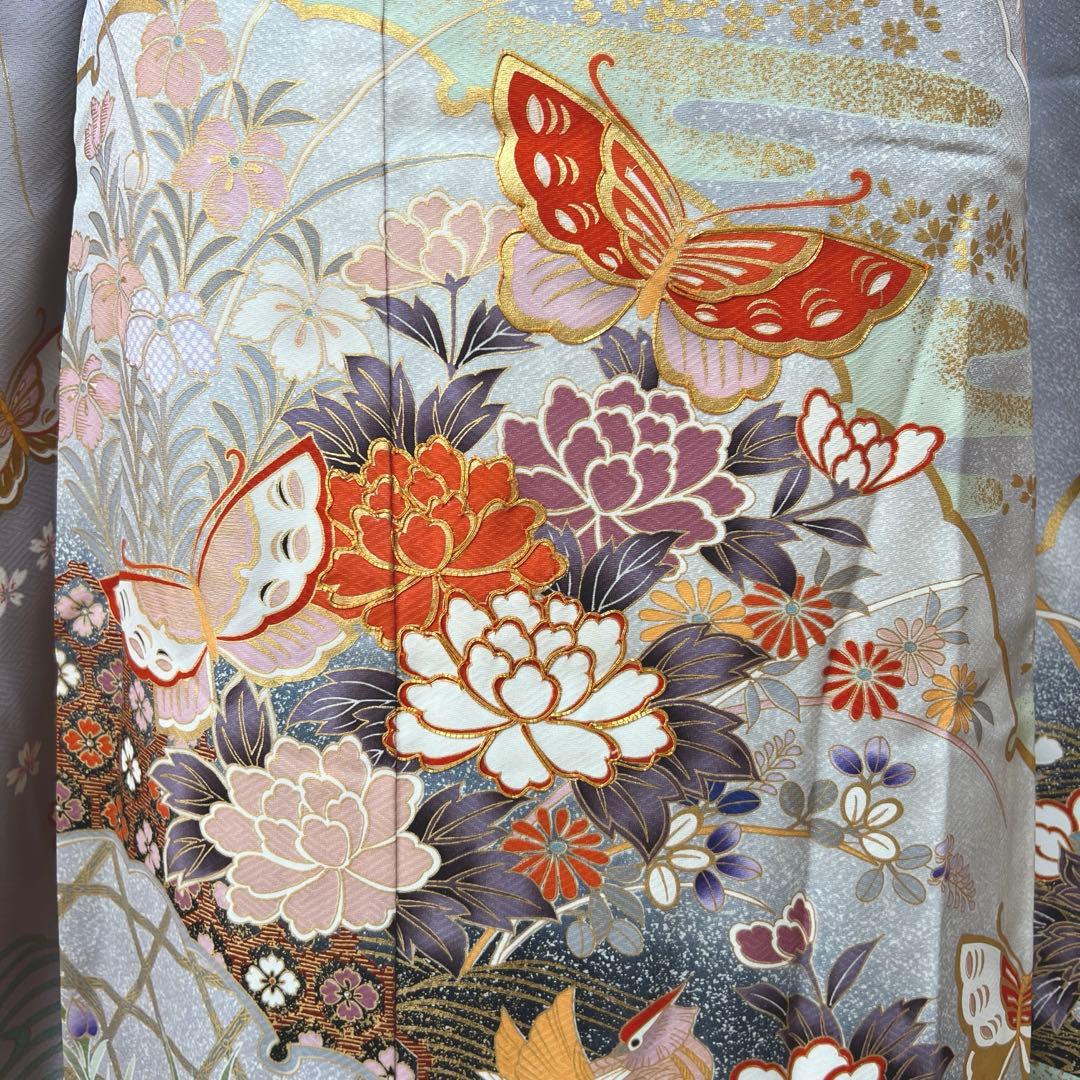 375 振袖フルセット 正絹 ブルーグレー 灰青 金彩 駒刺繍 三越 高級