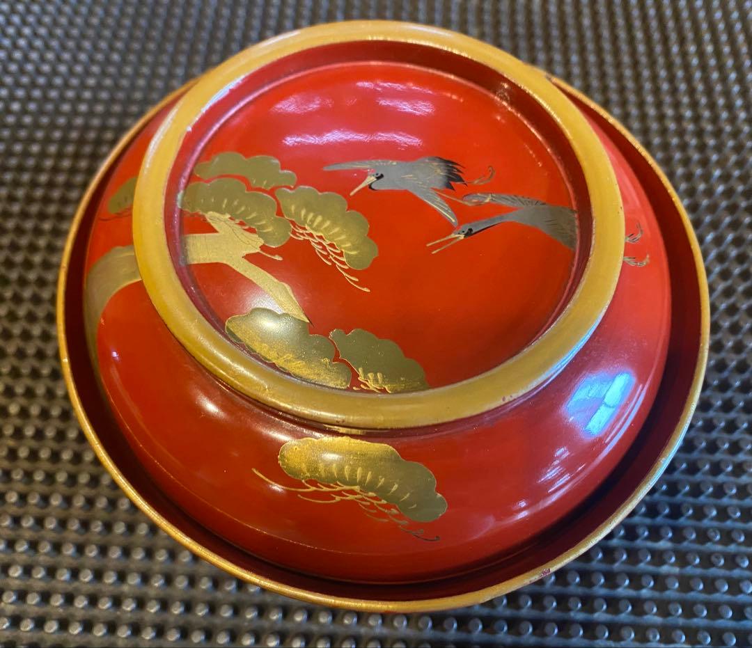 明治期　山中漆器　蒔絵鶴松　箱付5客 古和紙・和歌季語集付き ヴィンテージレア