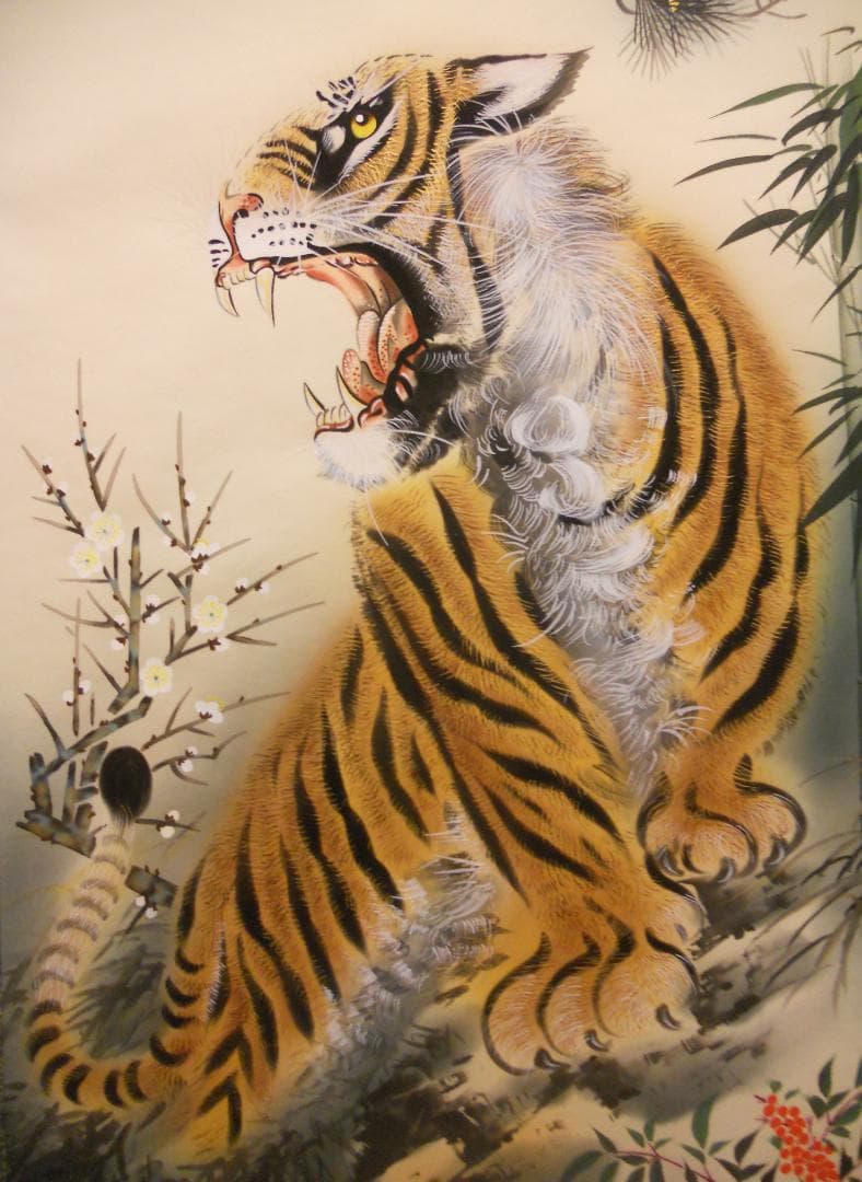 掛け軸 田中康浩 月下猛虎之図 絹本 希少 軸装 茶道具 掛軸 美品