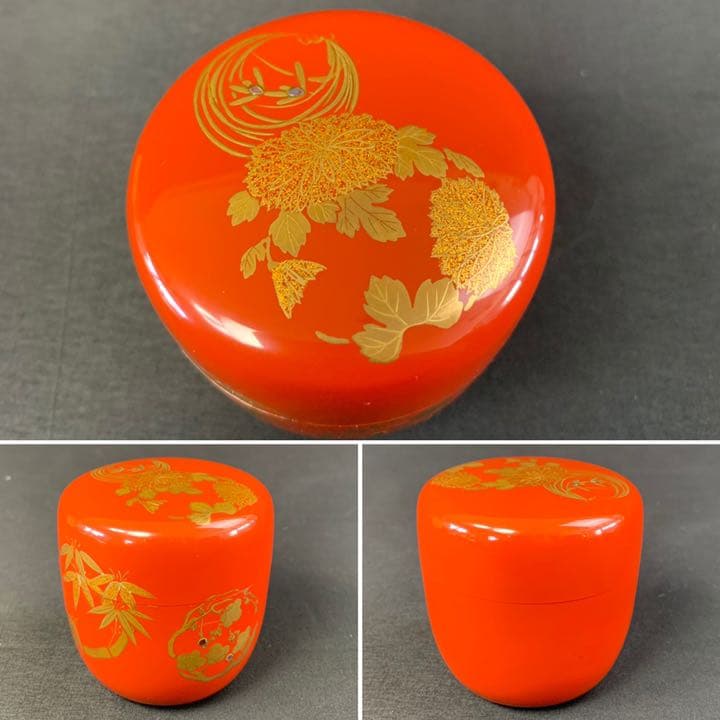 018D82 送料無料 朱塗 花丸蒔絵 中棗 棗 茶道具 茶室