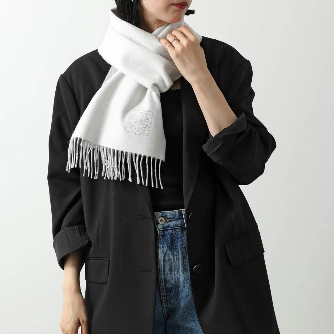 LOEWE ロエベ バイカラーマフラー (ウール&カシミヤ)ホワイト×グレー
