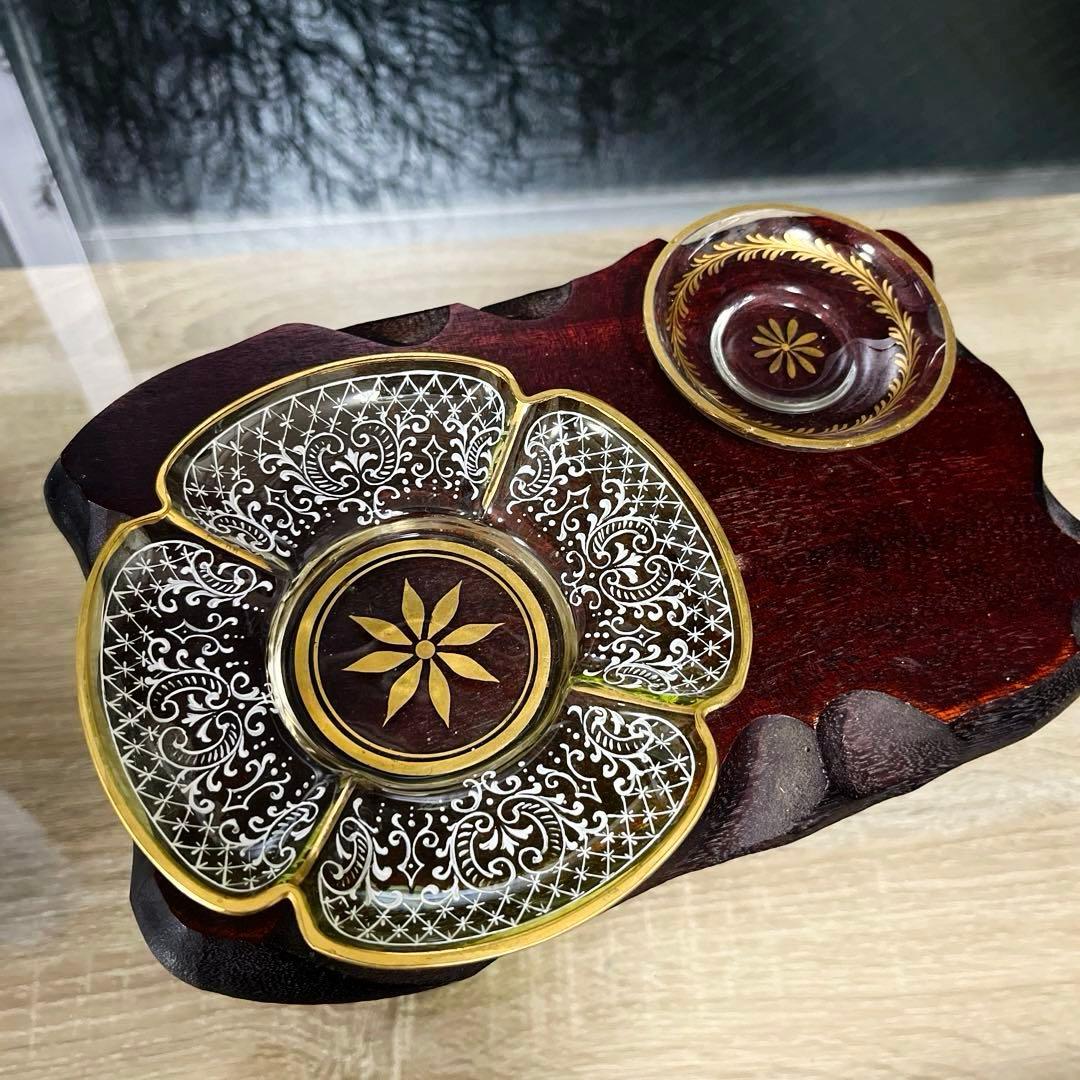 骨董 時代ガラス 精密エナメル絵付け 金彩 四葉型 ウランガラス