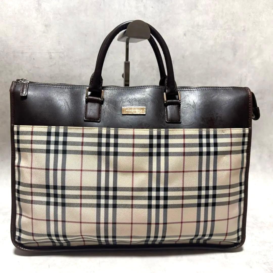 バーバリー　ビジネスバック　ノバチェック　ブラウン　ロゴプレート　A4◎