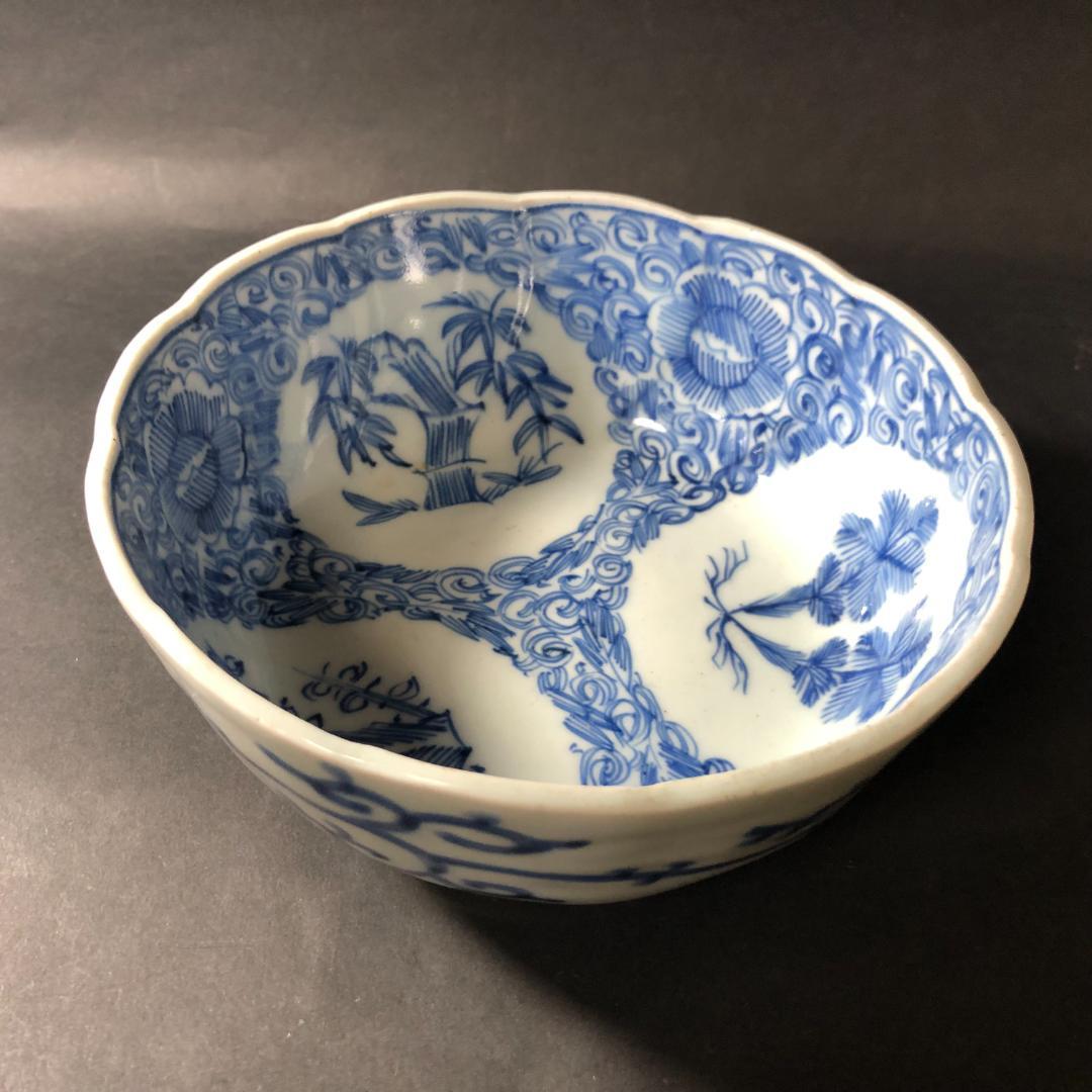 古伊万里 染付 微塵文様に丸文松竹梅文様 六寸鉢 輪花鉢