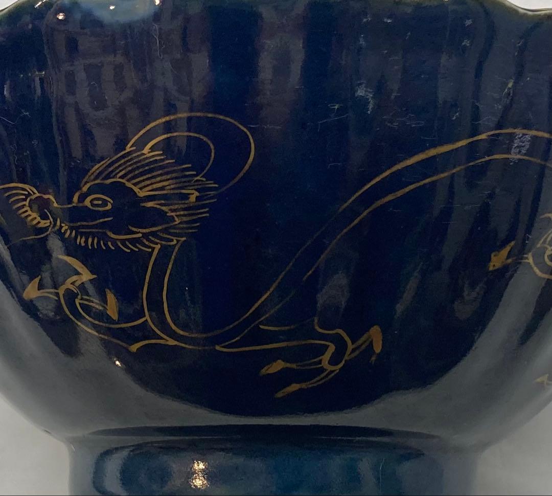 B261s 瑠璃手「鳳凰に龍」鉢　金彩絵付　十錦手　菓子鉢　骨董　茶道具